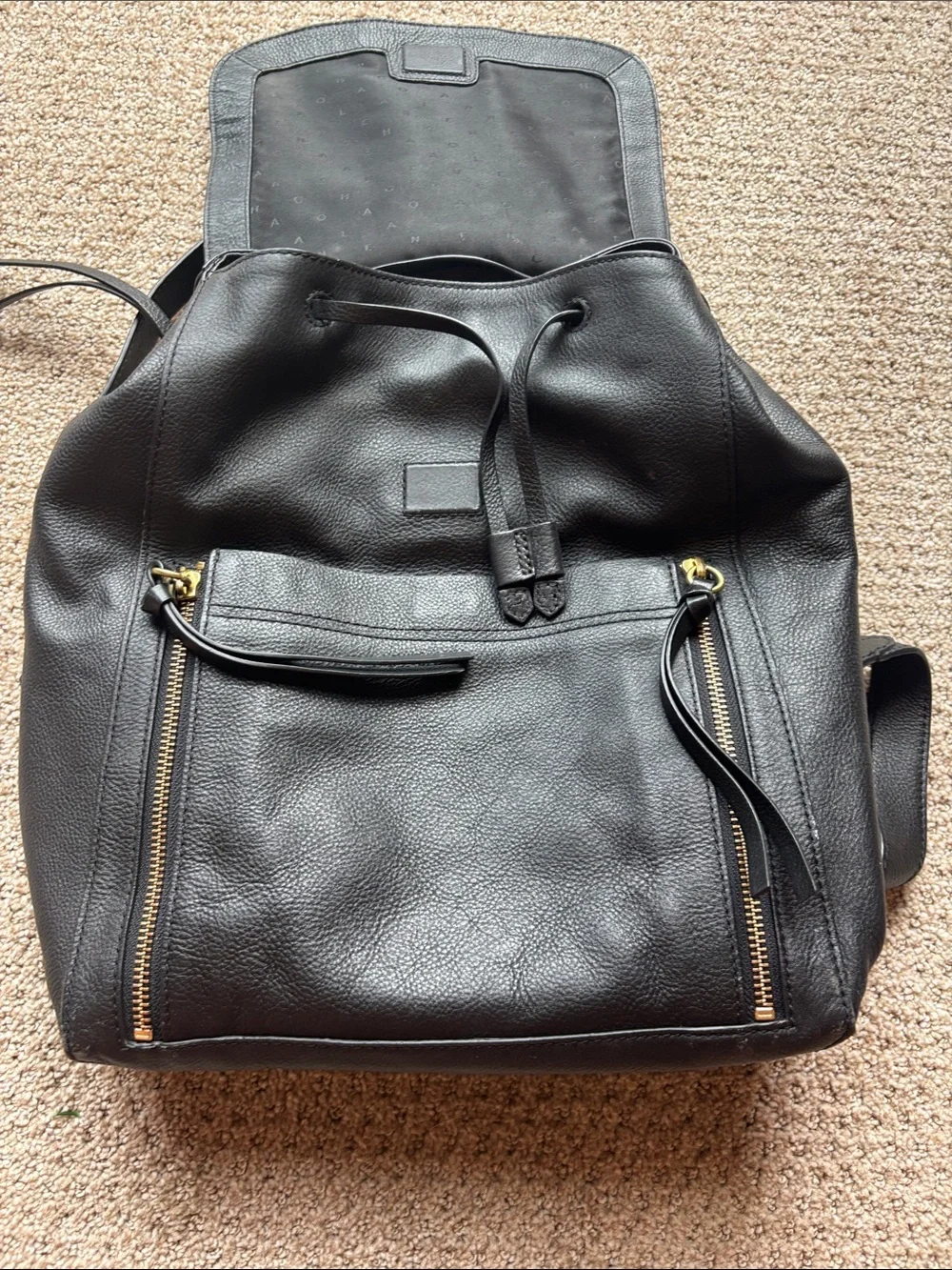Cole Haan Black Leather Backpack with Gold Accents